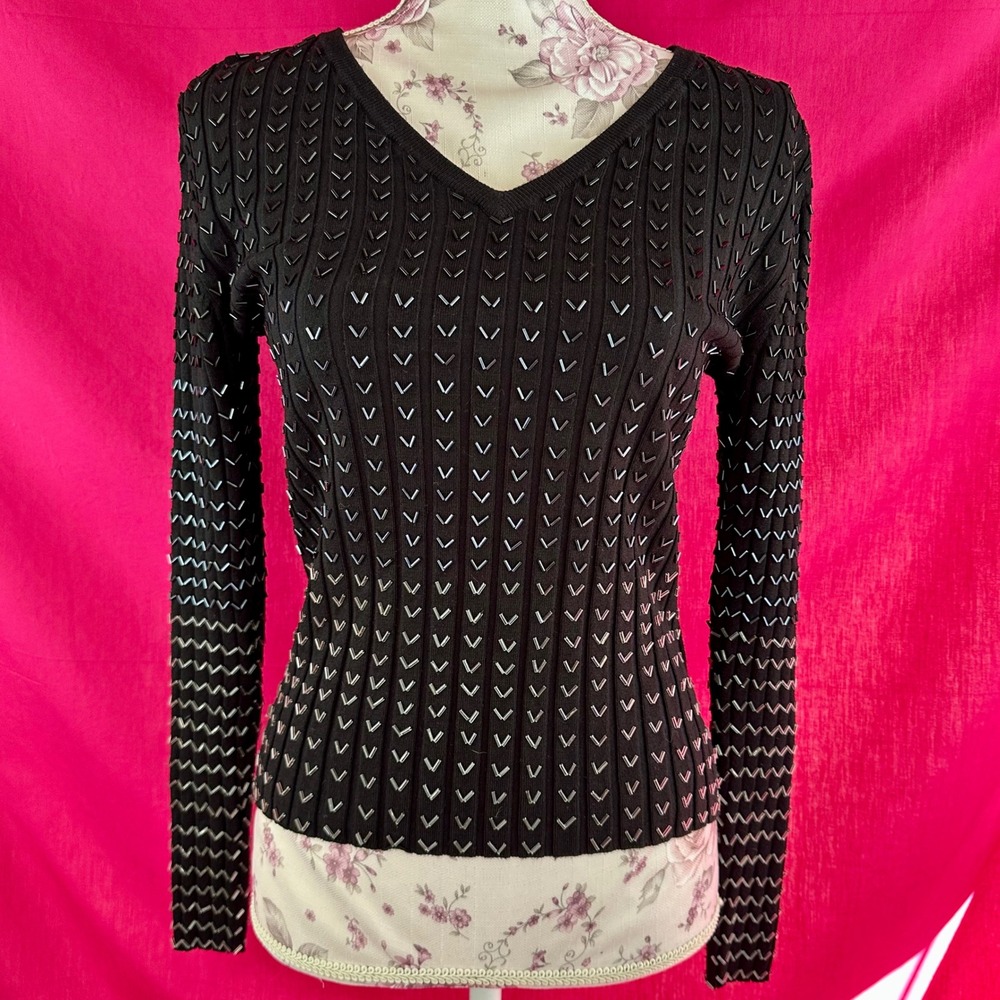 Black Beaded Ribbed Knit Long Sleeve Sweater Glam Party Belldini Small - Picture 4 of 17